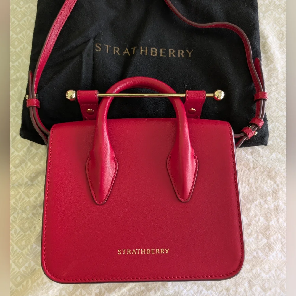 [Strathberry] Authentic Ruby Red Nano Tote Gold Hardware with Leather Strap - Picture 3 of 13